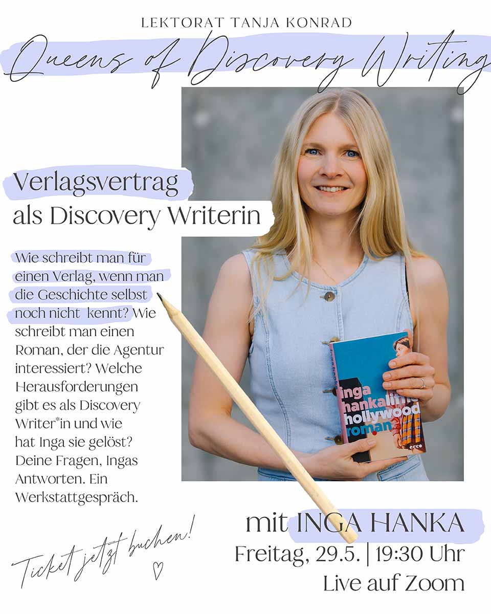 Das Bild zeigt Inga Hanka mit ihrem Buch Little Hollywood und dem Thema des Workshops "Verlagsvertrag als Discovery Writerin"